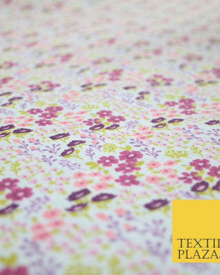 White Ditsy Lilac Floral Bunch Garden Printed Poly Cotton Fabric Polycotton 5152