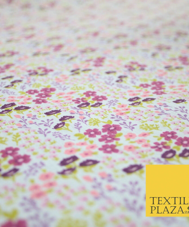 White Ditsy Lilac Floral Bunch Garden Printed Poly Cotton Fabric Polycotton 5152