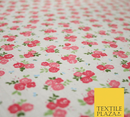 Pale Pink Ditsy Raspberry Floral Bunch Printed Poly Cotton Fabric Polycotton5151