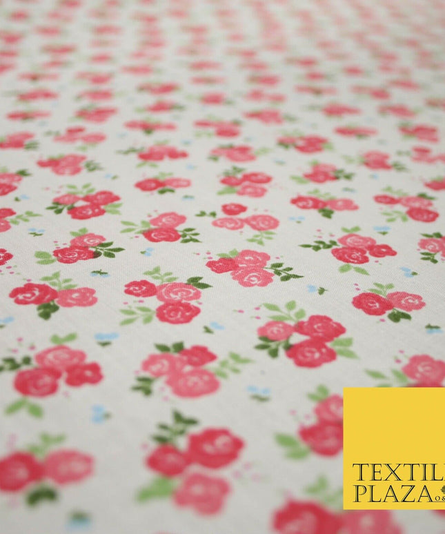 Pale Pink Ditsy Raspberry Floral Bunch Printed Poly Cotton Fabric Polycotton5151