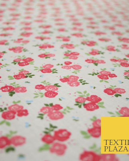 Pale Pink Ditsy Raspberry Floral Bunch Printed Poly Cotton Fabric Polycotton5151