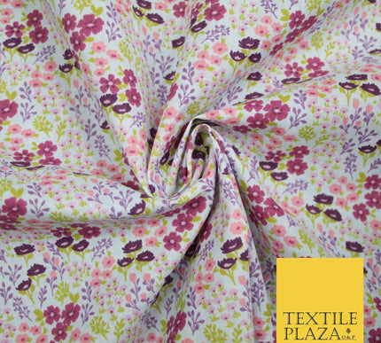White Ditsy Lilac Floral Bunch Garden Printed Poly Cotton Fabric Polycotton 5152