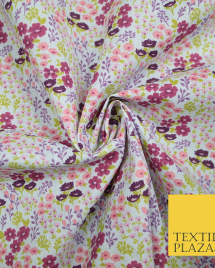 White Ditsy Lilac Floral Bunch Garden Printed Poly Cotton Fabric Polycotton 5152