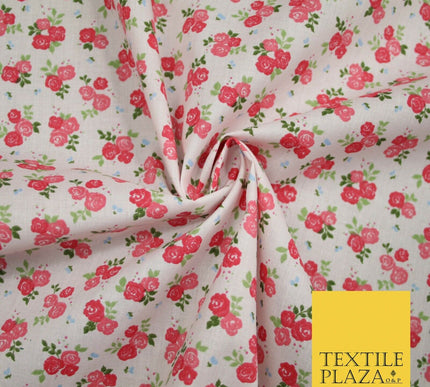 Pale Pink Ditsy Raspberry Floral Bunch Printed Poly Cotton Fabric Polycotton5151