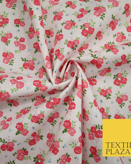 Pale Pink Ditsy Raspberry Floral Bunch Printed Poly Cotton Fabric Polycotton5151