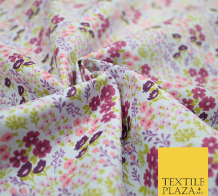 White Ditsy Lilac Floral Bunch Garden Printed Poly Cotton Fabric Polycotton 5152