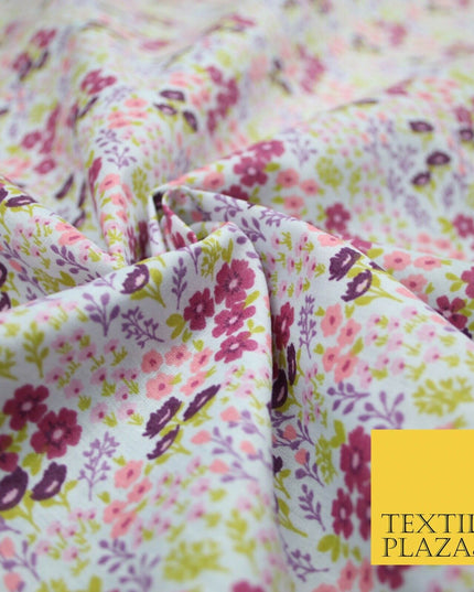 White Ditsy Lilac Floral Bunch Garden Printed Poly Cotton Fabric Polycotton 5152