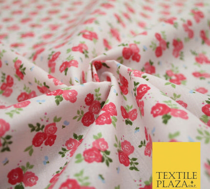 Pale Pink Ditsy Raspberry Floral Bunch Printed Poly Cotton Fabric Polycotton5151