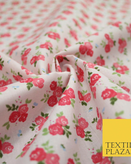 Pale Pink Ditsy Raspberry Floral Bunch Printed Poly Cotton Fabric Polycotton5151