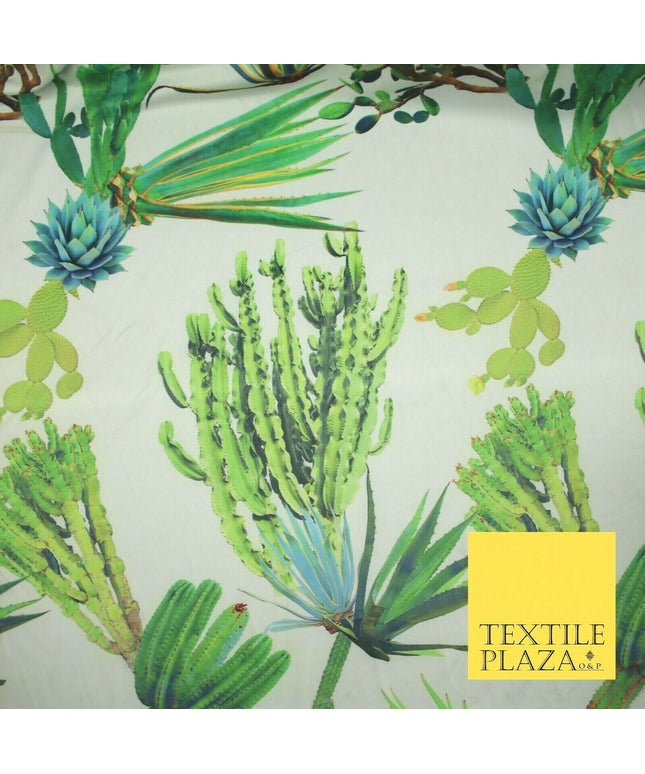 Ivory Multi Green Large Cactus Digital Print Scuba Fabric Stretch Jersey 5080