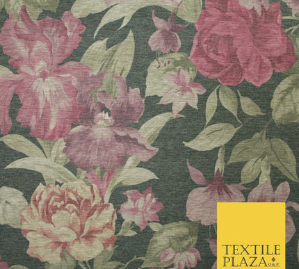 Marl Storm Grey Vintage Large Floral Soft Printed Stretch Jersey Fabric 5085