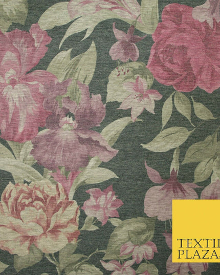 Marl Storm Grey Vintage Large Floral Soft Printed Stretch Jersey Fabric 5085