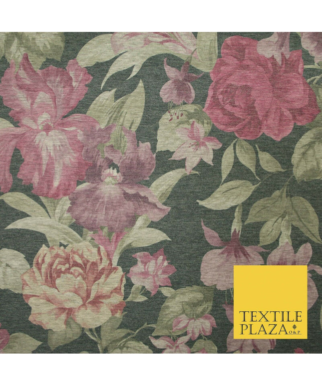 Marl Storm Grey Vintage Large Floral Soft Printed Stretch Jersey Fabric 5085