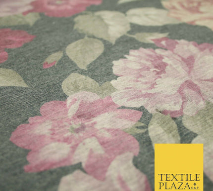 Marl Storm Grey Vintage Large Floral Soft Printed Stretch Jersey Fabric 5085