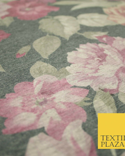 Marl Storm Grey Vintage Large Floral Soft Printed Stretch Jersey Fabric 5085