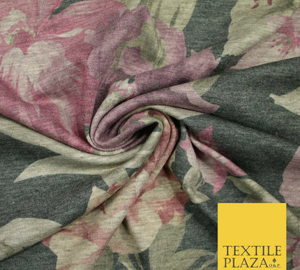 Marl Storm Grey Vintage Large Floral Soft Printed Stretch Jersey Fabric 5085