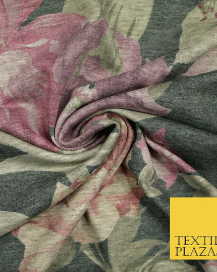 Marl Storm Grey Vintage Large Floral Soft Printed Stretch Jersey Fabric 5085
