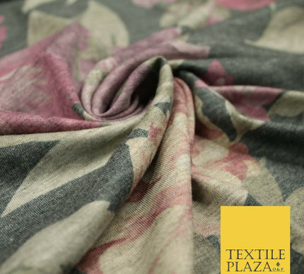 Marl Storm Grey Vintage Large Floral Soft Printed Stretch Jersey Fabric 5085