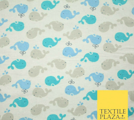 Swimming Whale Dolphin Printed Brushed Cotton Winceyette Flannel Fabric 58" 5075