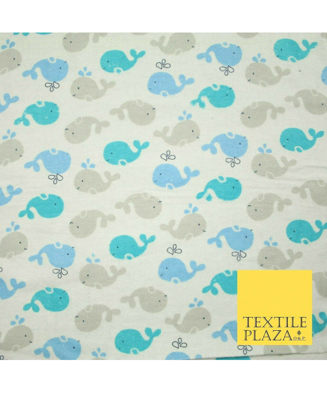 Swimming Whale Dolphin Printed Brushed Cotton Winceyette Flannel Fabric 58" 5075