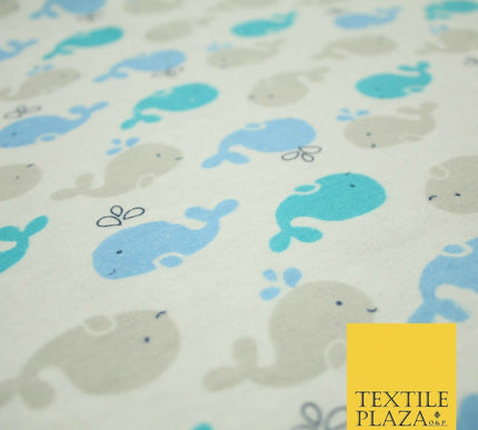 Swimming Whale Dolphin Printed Brushed Cotton Winceyette Flannel Fabric 58" 5075