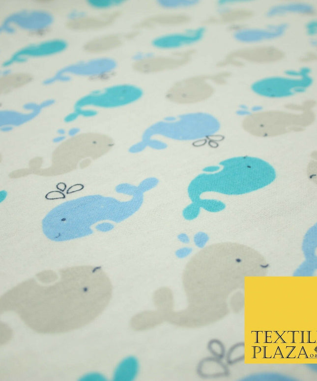 Swimming Whale Dolphin Printed Brushed Cotton Winceyette Flannel Fabric 58" 5075