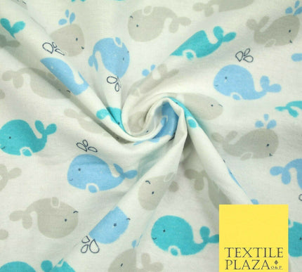 Swimming Whale Dolphin Printed Brushed Cotton Winceyette Flannel Fabric 58" 5075