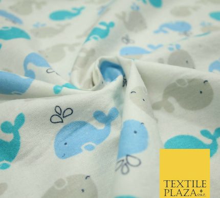 Swimming Whale Dolphin Printed Brushed Cotton Winceyette Flannel Fabric 58" 5075