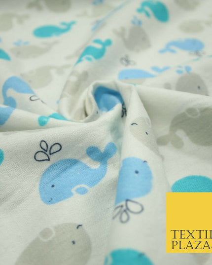 Swimming Whale Dolphin Printed Brushed Cotton Winceyette Flannel Fabric 58" 5075