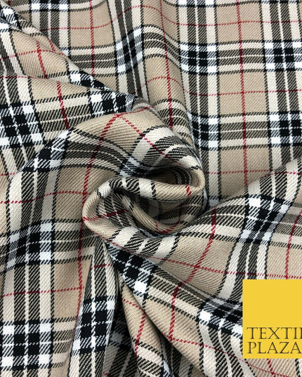 BEIGE Classic TARTAN Polyester Viscose Fabric Material 58" Craft Dress Q965