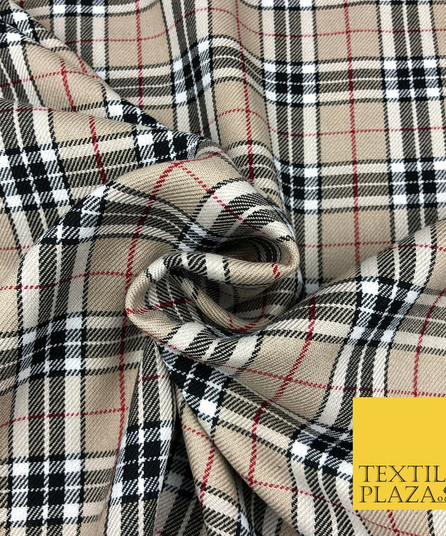 BEIGE Classic TARTAN Polyester Viscose Fabric Material 58" Craft Dress Q965