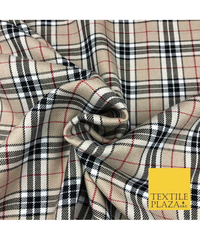 BEIGE Classic TARTAN Polyester Viscose Fabric Material 58" Craft Dress Q965