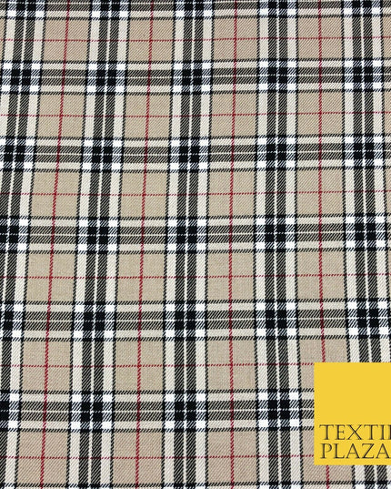 BEIGE Classic TARTAN Polyester Viscose Fabric Material 58" Craft Dress Q965