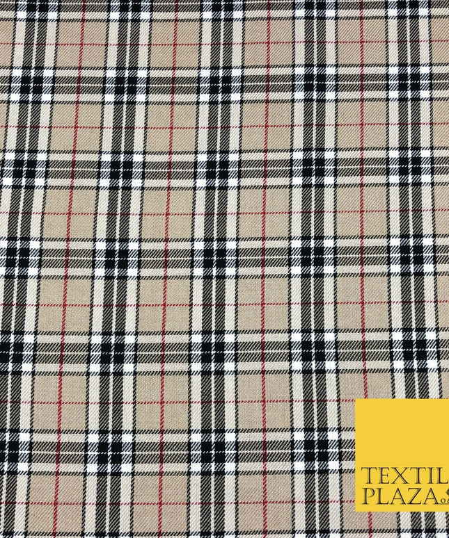 BEIGE Classic TARTAN Polyester Viscose Fabric Material 58" Craft Dress Q965