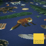 Blue Forest Woodland Animal Bear Fox Tree Printed 100% Cotton Canvas Fabric 4128