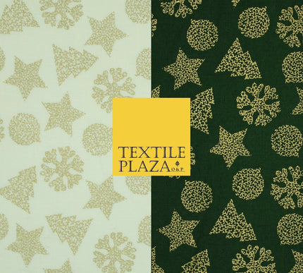 Christmas Gold Metallic Star Snowflake Tree Bauble Printed 100%Cotton Fabric 54"