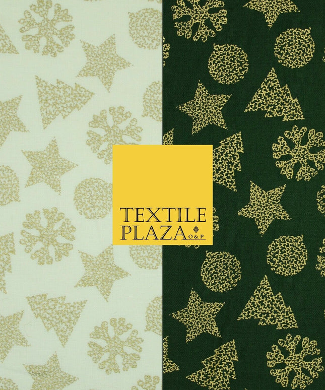 Christmas Gold Metallic Star Snowflake Tree Bauble Printed 100%Cotton Fabric 54"