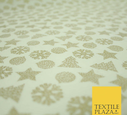 Christmas Gold Metallic Star Snowflake Tree Bauble Printed 100%Cotton Fabric 54"