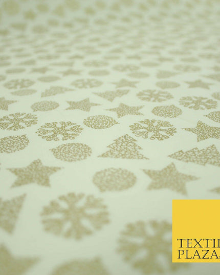 Christmas Gold Metallic Star Snowflake Tree Bauble Printed 100%Cotton Fabric 54"