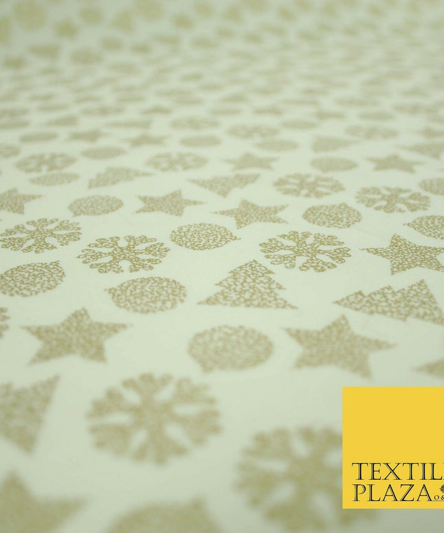 Christmas Gold Metallic Star Snowflake Tree Bauble Printed 100%Cotton Fabric 54"