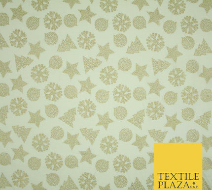 Christmas Gold Metallic Star Snowflake Tree Bauble Printed 100%Cotton Fabric 54"