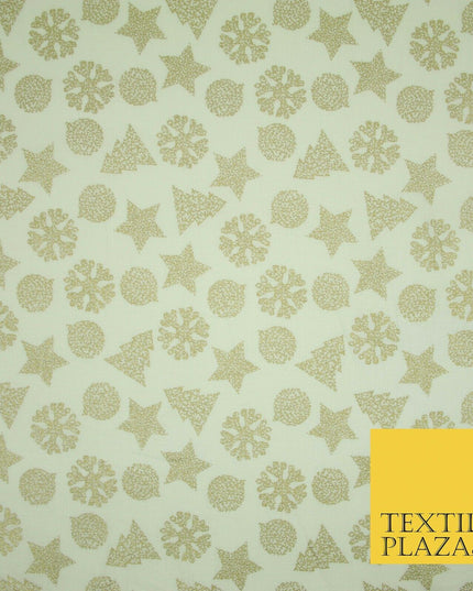 Christmas Gold Metallic Star Snowflake Tree Bauble Printed 100%Cotton Fabric 54"