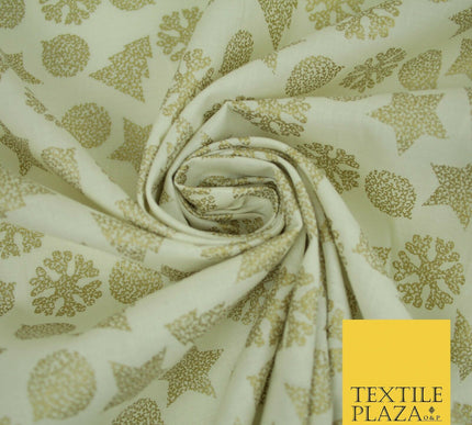 Christmas Gold Metallic Star Snowflake Tree Bauble Printed 100%Cotton Fabric 54"