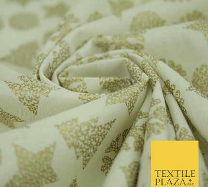 Christmas Gold Metallic Star Snowflake Tree Bauble Printed 100%Cotton Fabric 54"