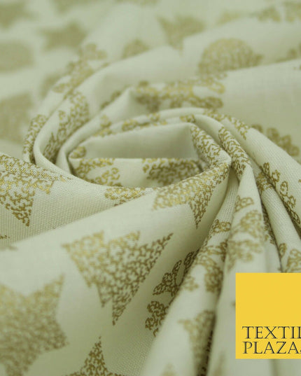 Christmas Gold Metallic Star Snowflake Tree Bauble Printed 100%Cotton Fabric 54"