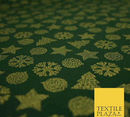 Christmas Gold Metallic Star Snowflake Tree Bauble Printed 100%Cotton Fabric 54"