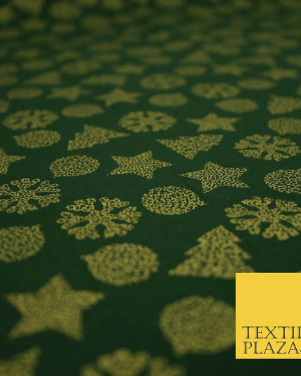 Christmas Gold Metallic Star Snowflake Tree Bauble Printed 100%Cotton Fabric 54"