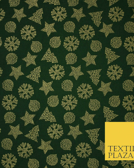 Christmas Gold Metallic Star Snowflake Tree Bauble Printed 100%Cotton Fabric 54"