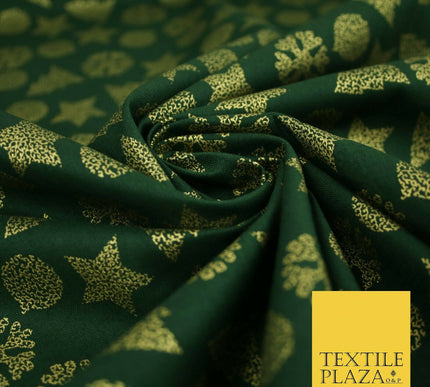 Christmas Gold Metallic Star Snowflake Tree Bauble Printed 100%Cotton Fabric 54"