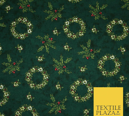 Green Christmas Holly Berry Floral Wreaths Printed 100% Cotton Fabric 54" 4117